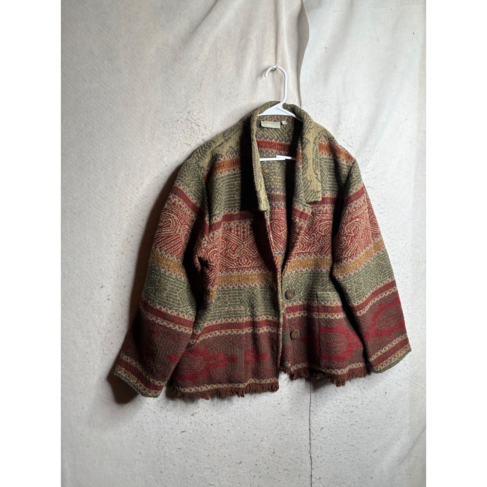 IVY Vintage Southwestern Tapestry Fringe Jacket Wool Blend Earth Tones Large